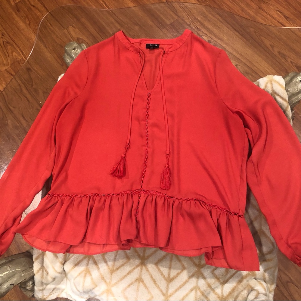 a.n.a Coral Red Long Sleeve Peplum Blouse with Tassel Accents